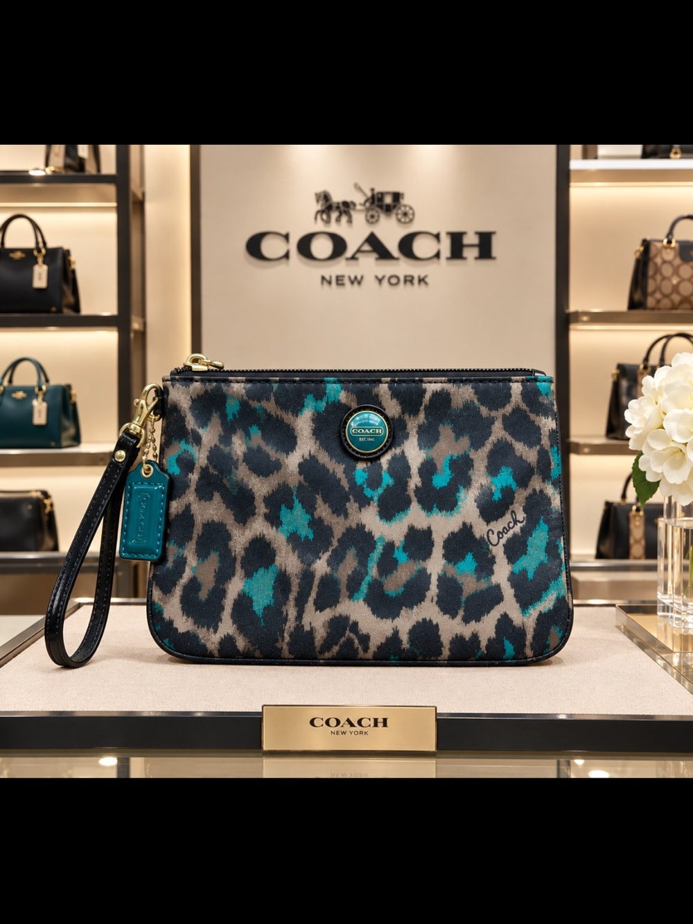 COACH Ocelot Cheetah Print Wristlet Pouchette Teal Blue & Brown